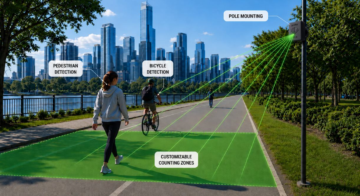 SensMax TAC-B EWP para conteo exterior de peatones y bicicletas con instalación en poste