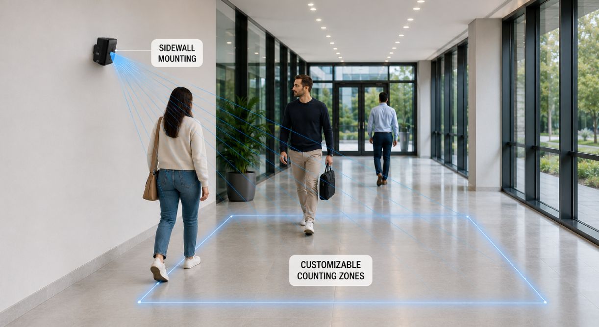 Sensor radar SensMax TAC-B EWP de conteo de personas con instalación lateral