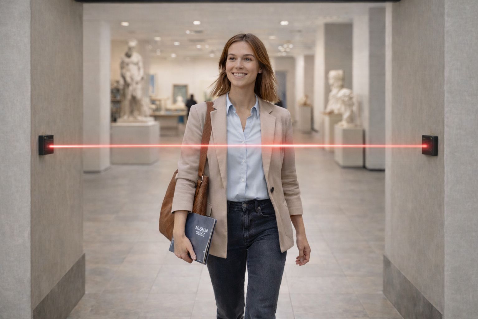 Sensor infrarrojo bidireccional SensMax D3 de conteo de personas instalado en la entrada de un museo
