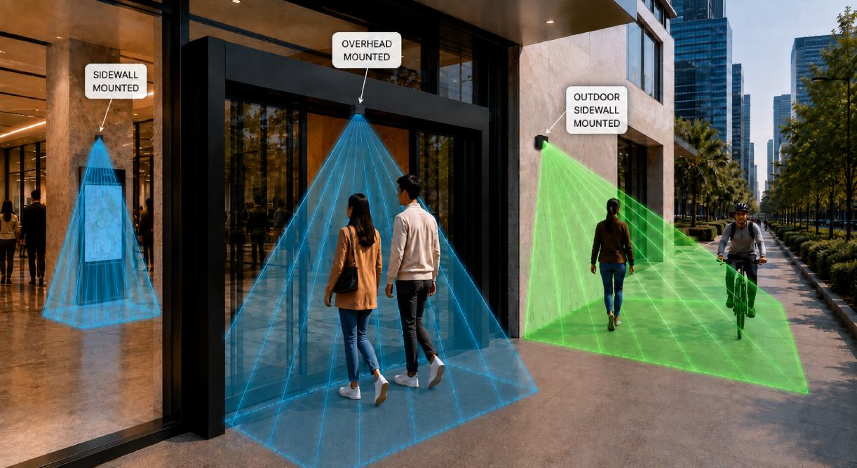 Sensor radar PoE de conteo de personas SensMax TAC-B EWP para instalación mural y cenital