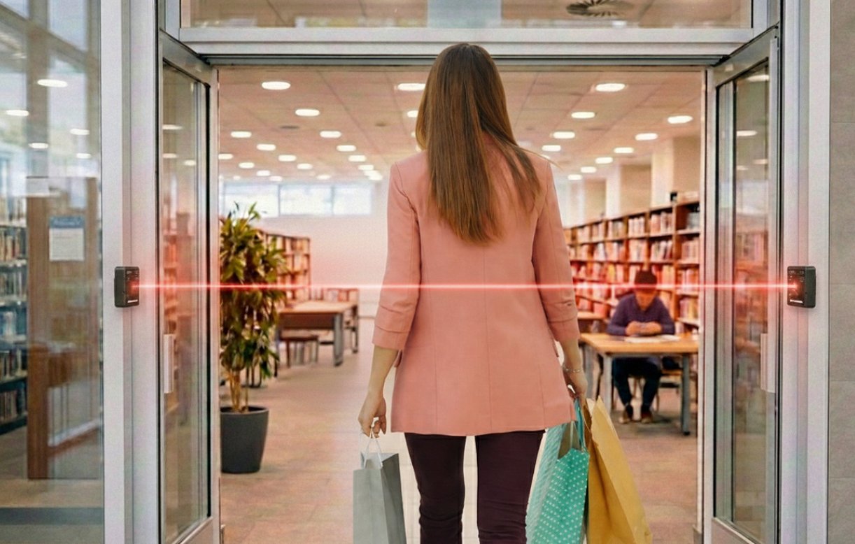 Sensores SensMax D3 TS de conteo de personas en tiempo real instalados en la entrada de una tienda